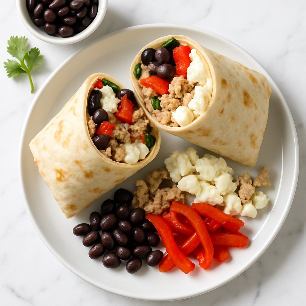 Turkey and Egg White Breakfast Burrito with Black Beans and Roasted Peppers