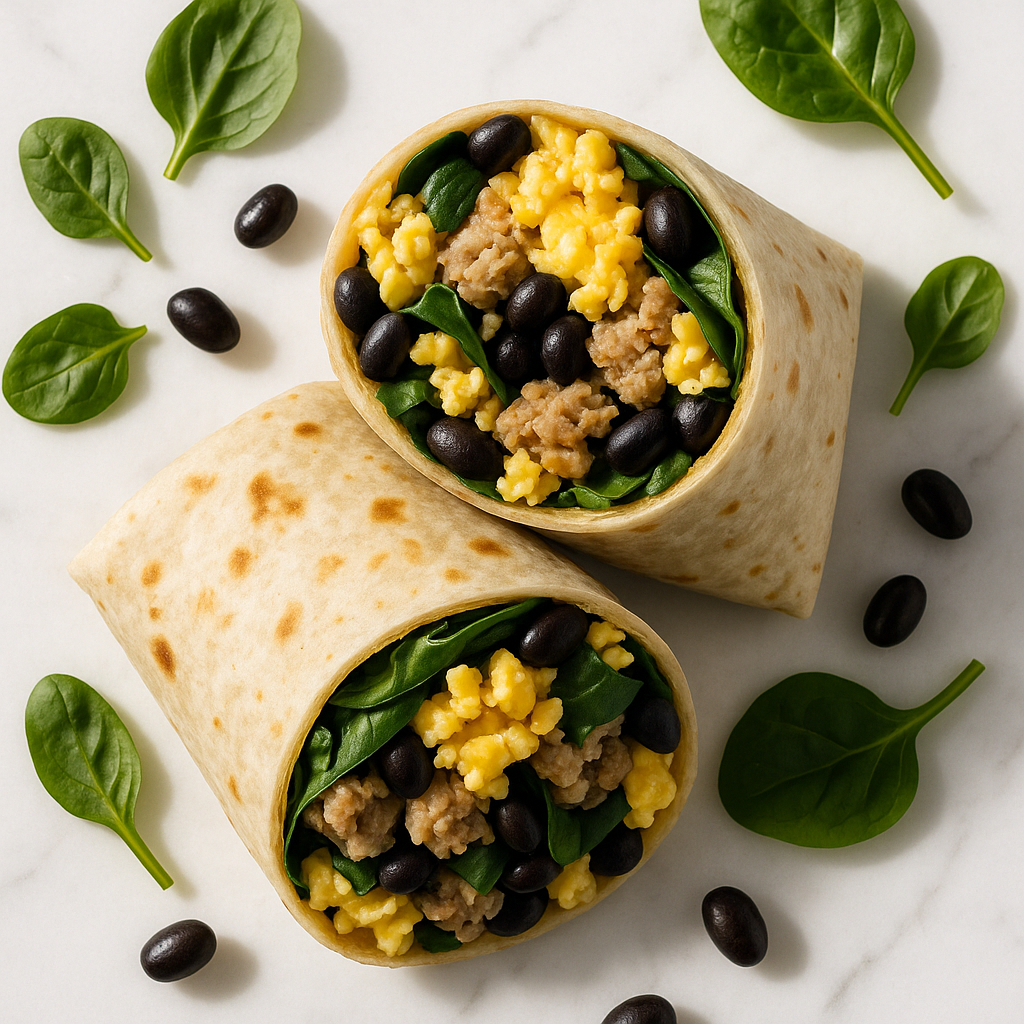 Turkey Sausage and Egg Breakfast Burrito with Spinach and Black Beans