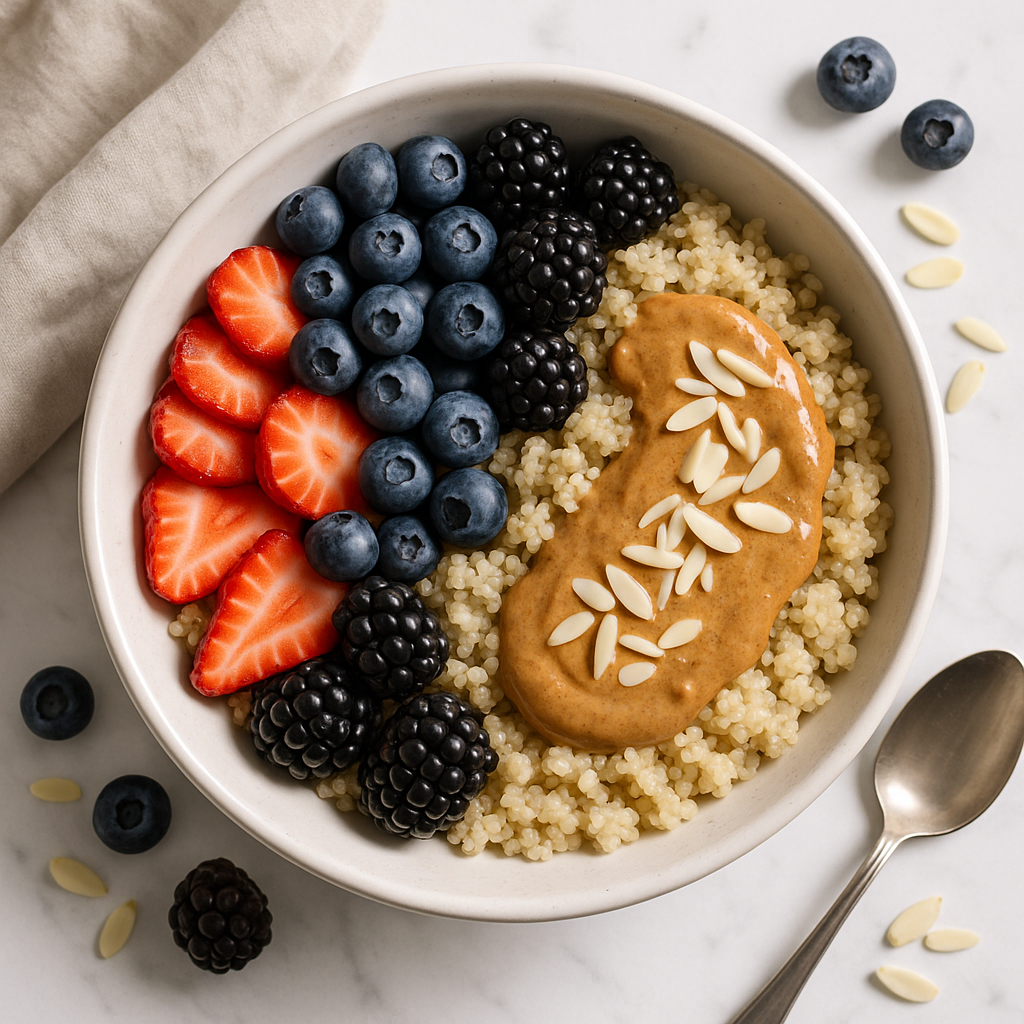 Vegan Almond Butter and Berry Quinoa Breakfast Bowl