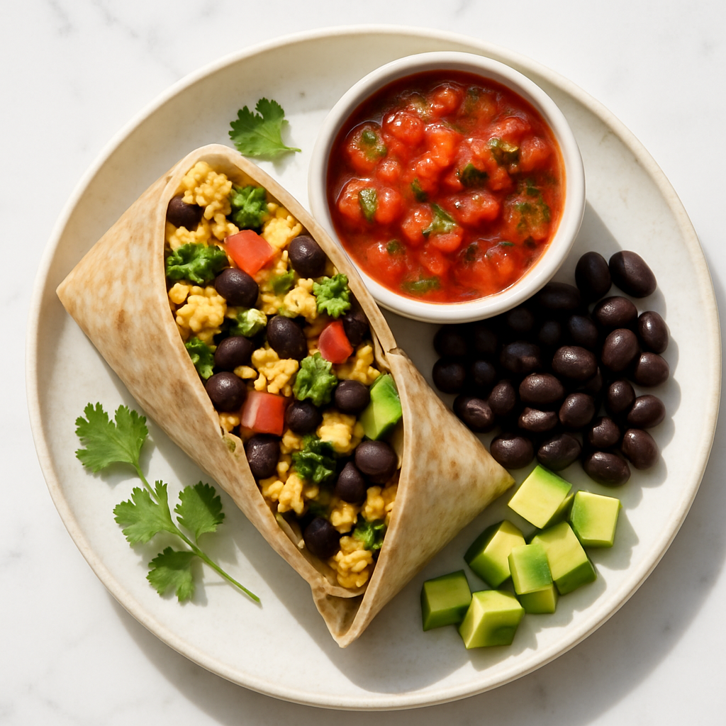 Vegan Breakfast Burrito with Black Beans and Salsa