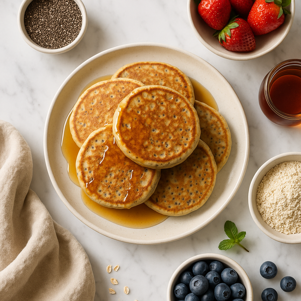 Fluffy Vegan Chia Seed Pancakes with Maple Syrup and Oat Flour