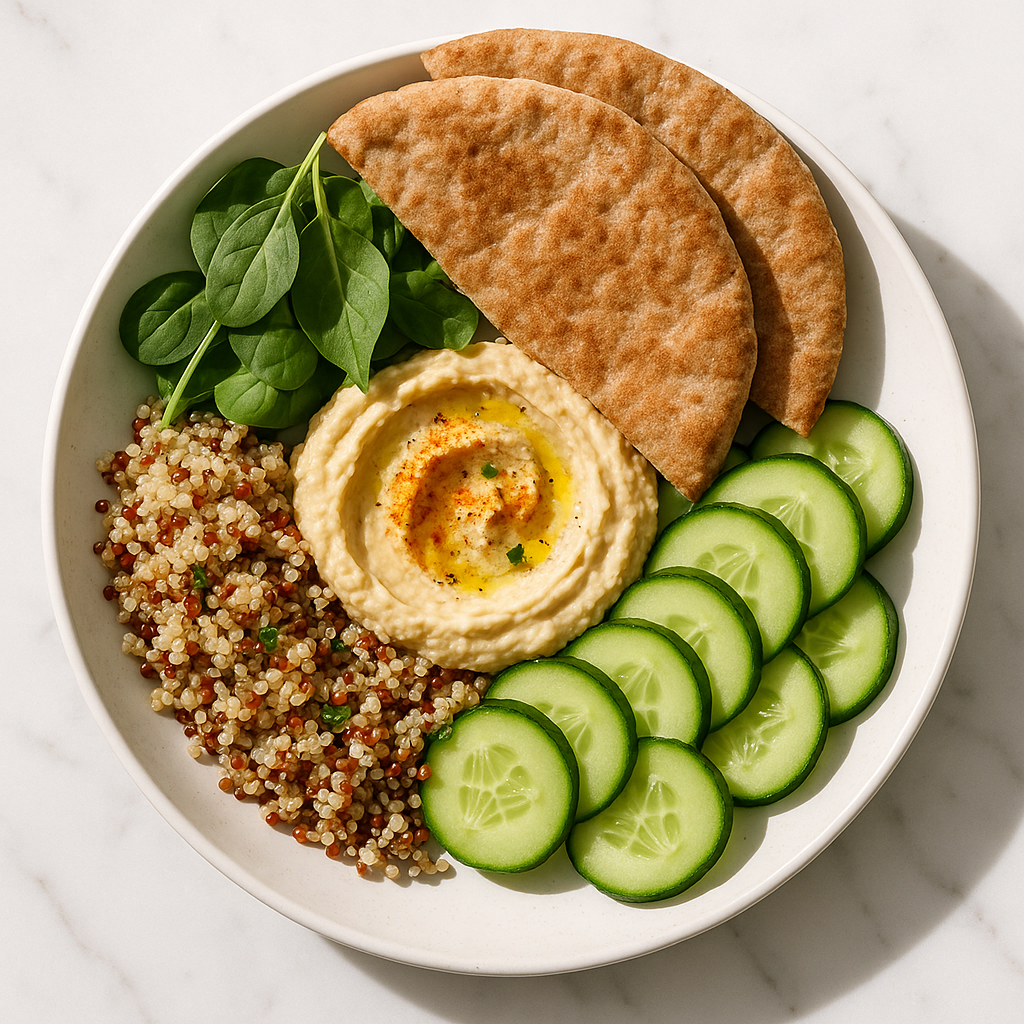 Whole Grain Pita with Hummus and Cucumber Breakfast Bowl