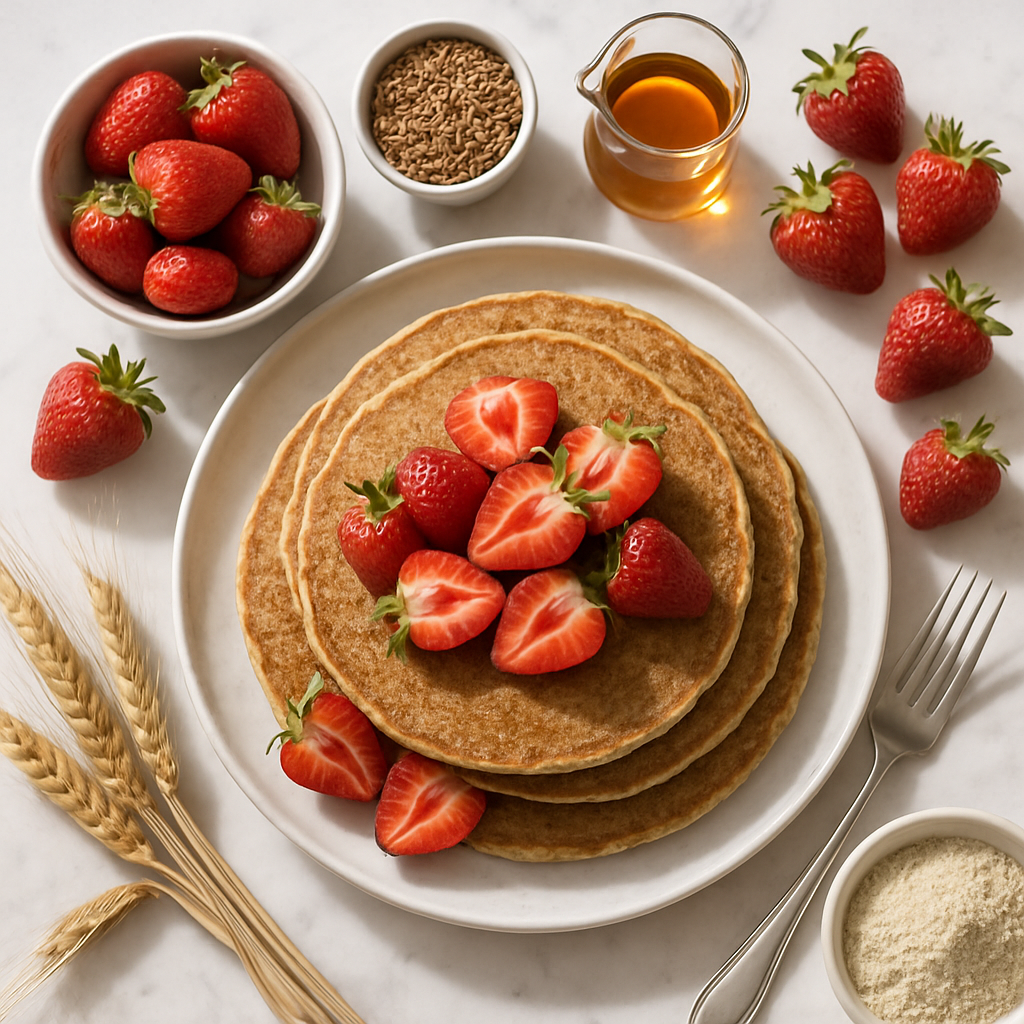 Whole Wheat Flaxseed Pancakes with Fresh Strawberries