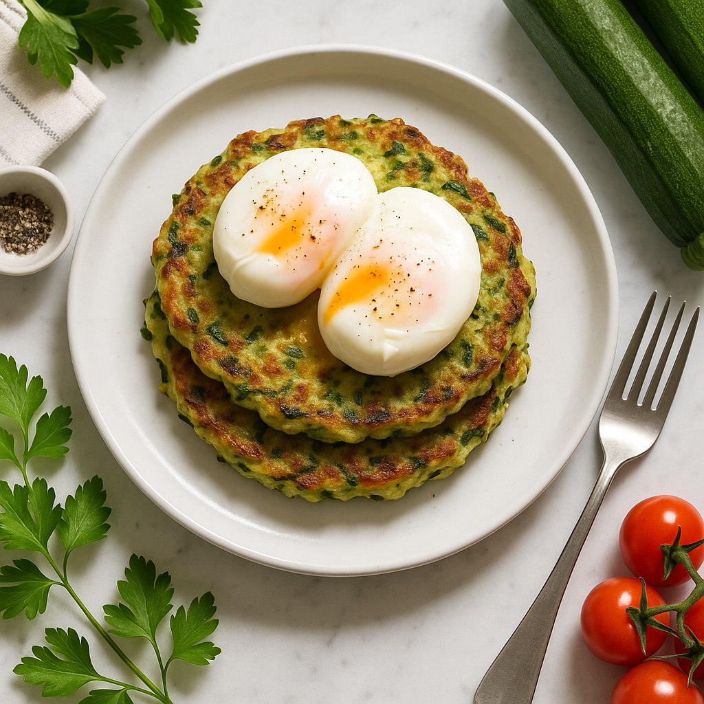 Zucchini Fritters with Poached Eggs Low Carb Breakfast Stack